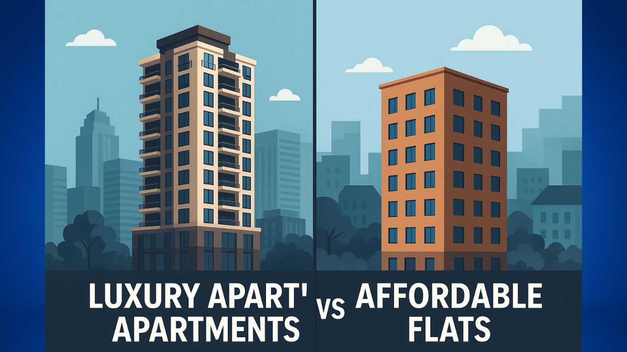 Luxury Apartments vs. Affordable Flats city skyline view